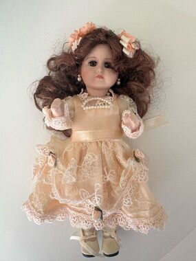 Porcelain Collectible Doll in Blush Lace Dress